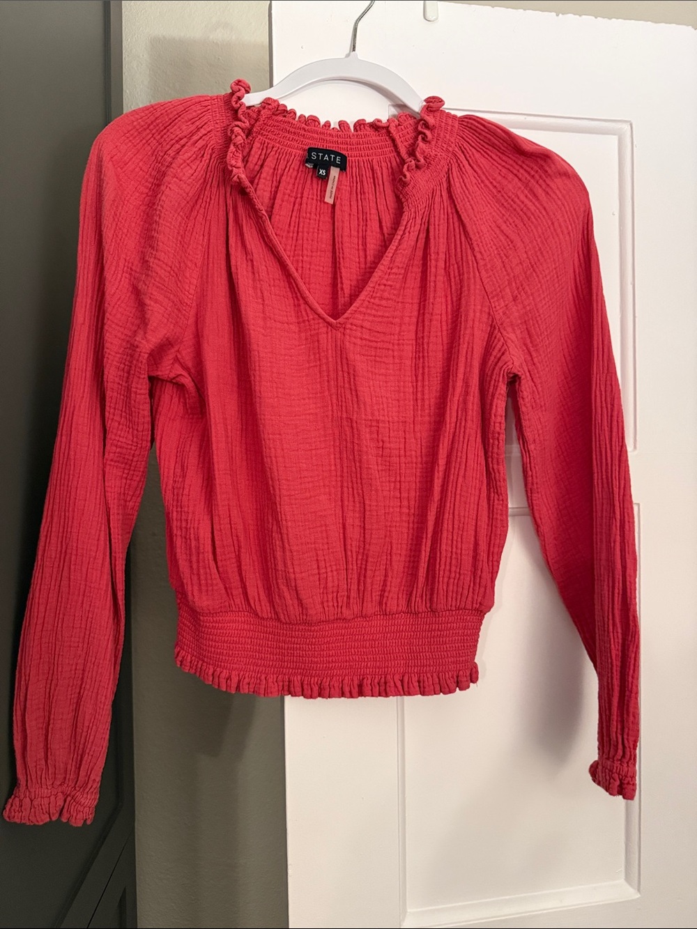 1. State Smocked Hem V-Neck Long-Sleeve Blouse